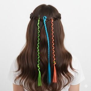 VTG Y2K Colorful Hair Extensions Spiral Braid Clip In Neon Green Blue Orange Set